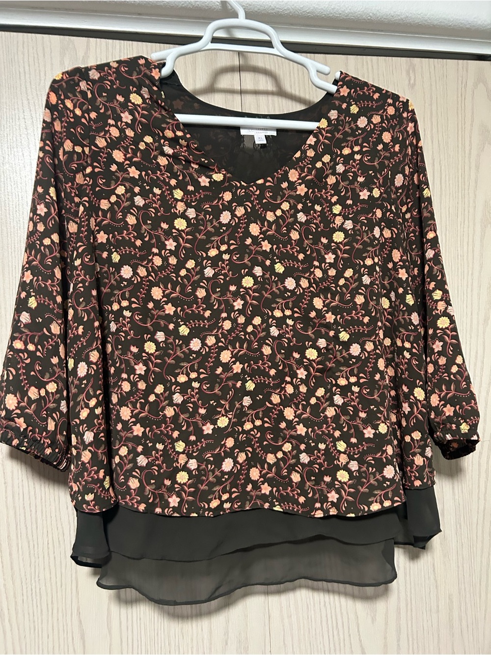 LC Lauren Conrad Brown Floral Layered Blouse with Pink and Cream Accents